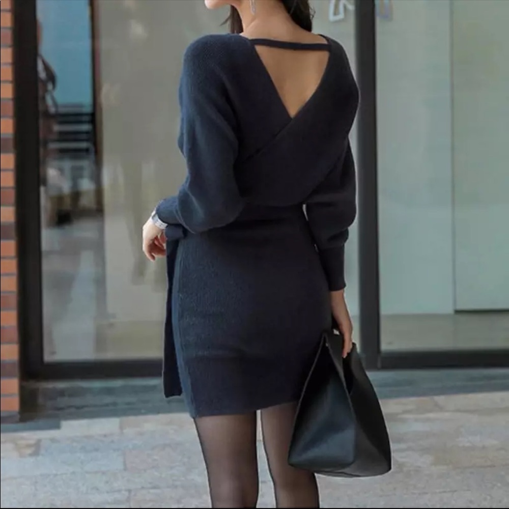 Navy V Neck Wrap Ribbed Cashmere Sweater Dress - Picture 2 of 7